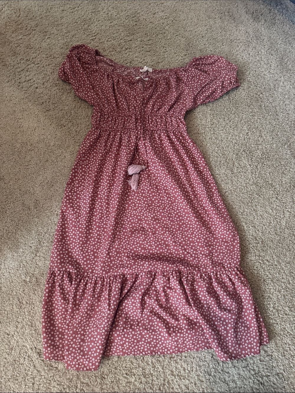 Blush Dusty Rose Midi Dress with White Floral Dots